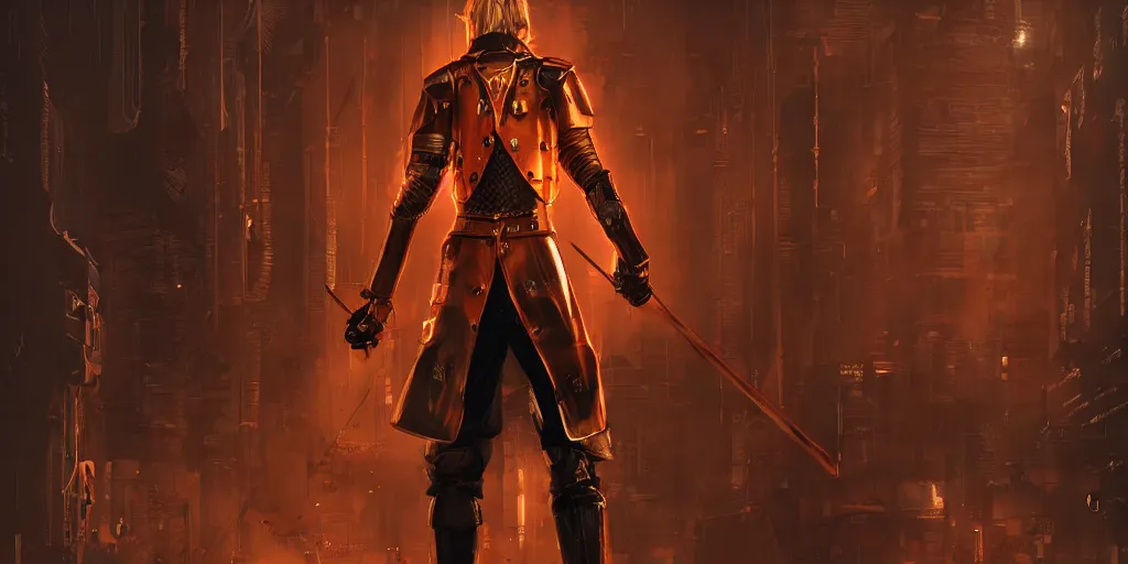 Image similar to A blonde medieval soldier seen from the back standing in front of a cyberpunk dystopian office with matrix style falling orange text in the background, cyberpunk, artstation