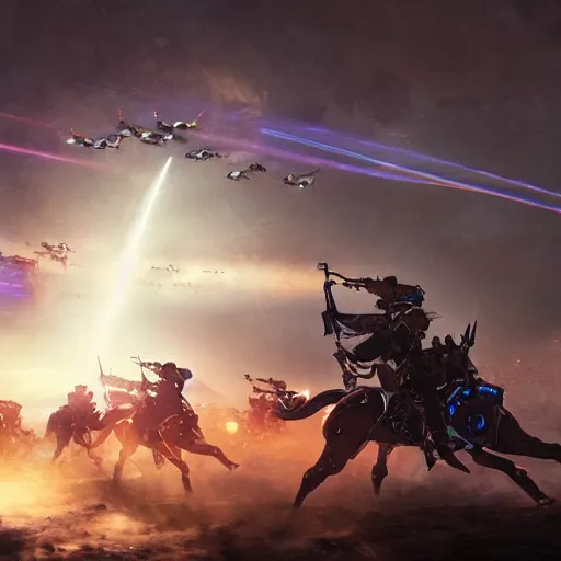 Image similar to The charge of the light brigade with robotic horses, steampunk, dramatic lighting, heavy weapons fire, energy weapons, light fog, by Makoto Shinkai and Ruan Jia