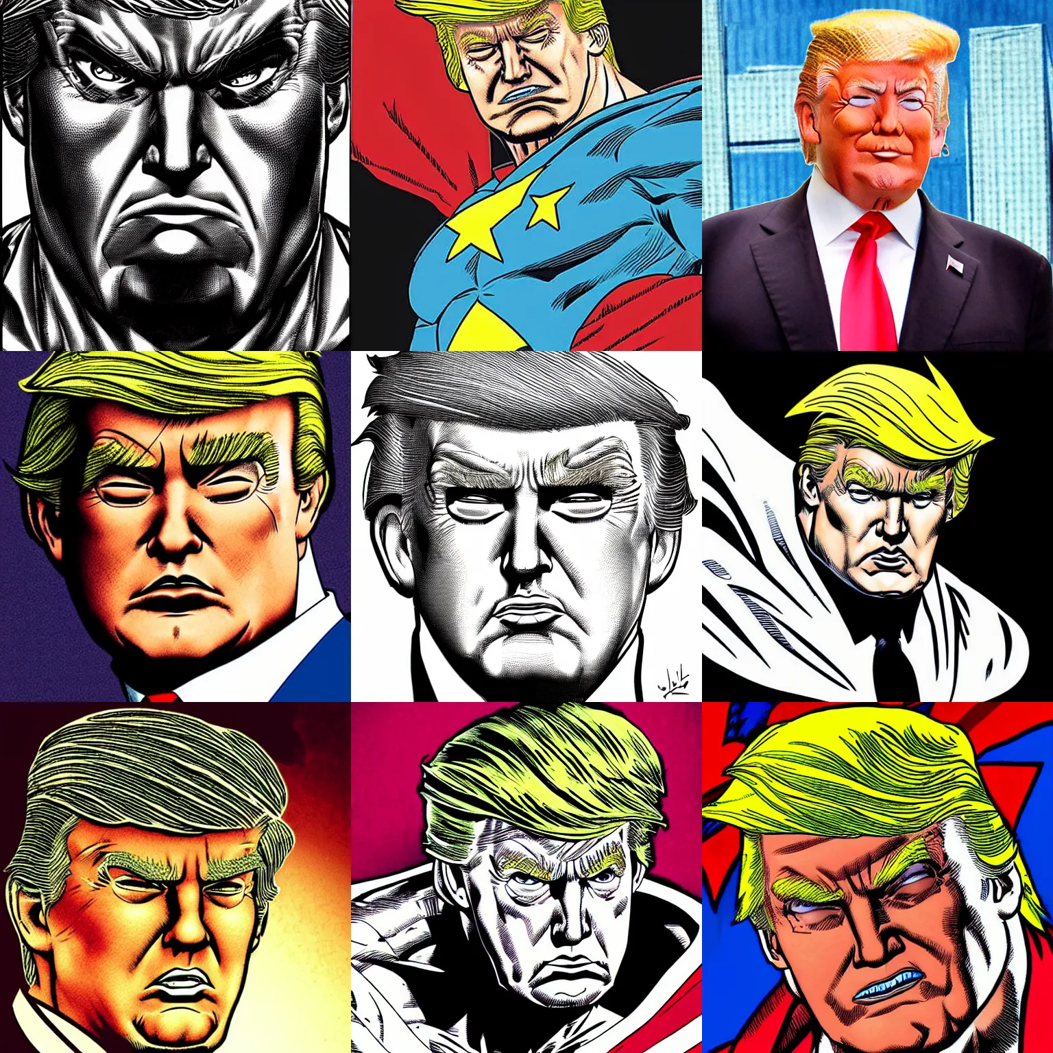 Prompt: jim lee style!!! close up headshot of donald trump as superhero in the style of jim lee, comic book drawing by jim lee