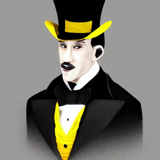 Image similar to a highly detailed portrait of a man in a high top hat covering his face, in a black tailcoat with a yellow waistcoat under the tailcoat, artstation, deviantart, professional, unreal engine 5, photorealistic