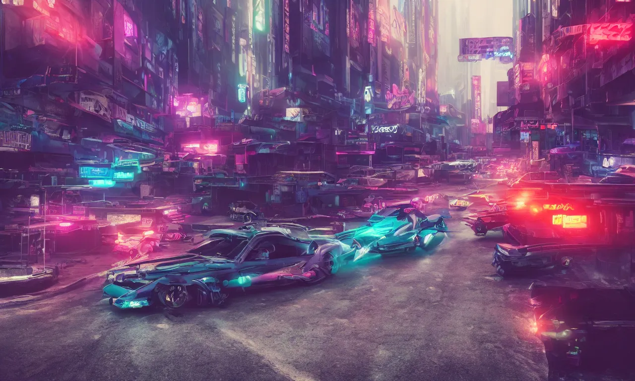 Prompt: insanely moody cinematic render of a drag race on the street of a cyberpunk city, on the style of the movie fast and furious, sharp focus, speed, teal and orange colors, vaporwave, photorealism, cinema still, photography, octane 3 d, vray render, insane details, 8 k high definition, artstation