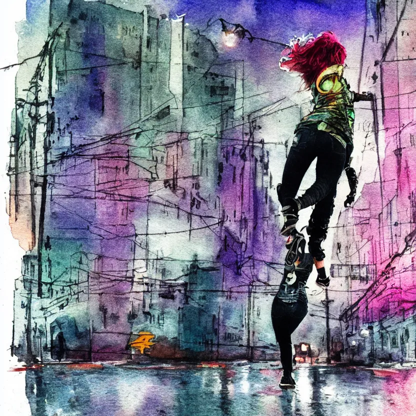 Prompt: punk girl skateboarding in the city, simple watercolor, rough paper texture, backlit cyberpunk buildings, wet roads at night reflecting the lights from buildings, dust, fog, cloudy night sky, dslr, 4 k, fisheye