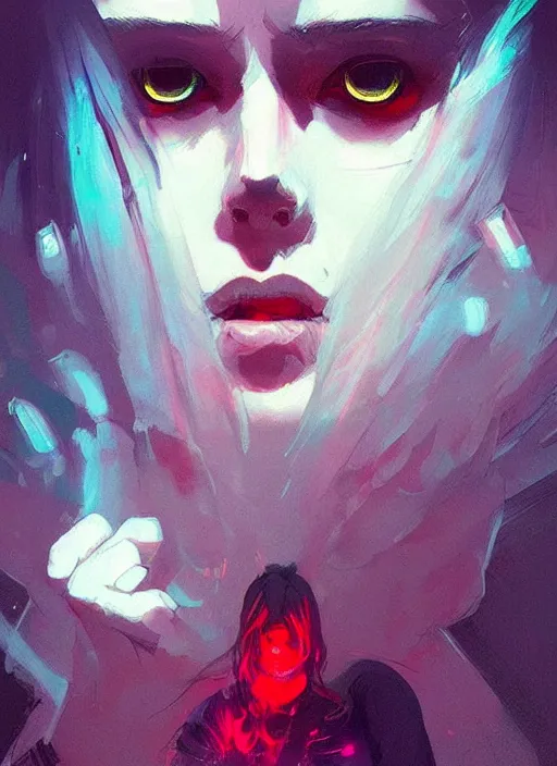 Image similar to highly detailed portrait of a ghost likely girl with neon red eyes, short white hair by atey ghailan, by greg rutkowski, by greg tocchini, by james gilleard, by joe fenton, by kaethe butcher, totally colorful, rainbow, neon coloring, dramatic lighting, chromatic, high contrast, trending in pinterest, award winning details