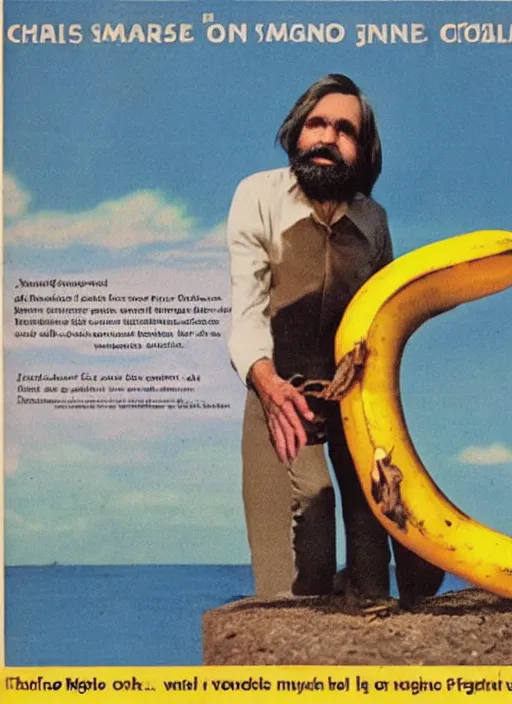 Image similar to vintage model train magazine advertisement depicting charles manson slipping on a banana peel