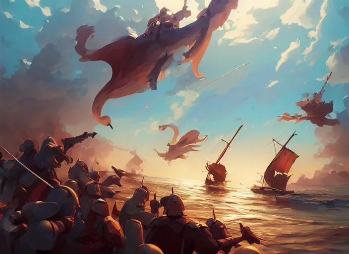 Image similar to cover concept art of a medieval battles in the sea, volumetric lighting, official fanart behance hd artstation by Jesper Ejsing, by RHADS, Makoto Shinkai and Lois van baarle, ilya kuvshinov, rossdraws