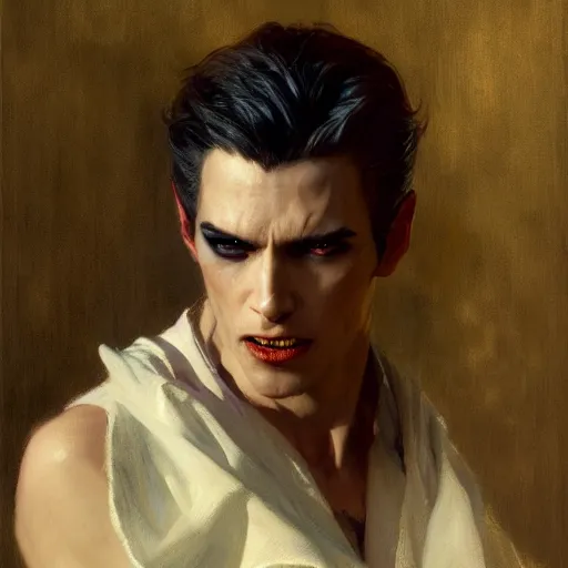 Image similar to detailed cinematic wide shot of beautiful attractive vampire man slim face symettrical face clean skin blue eyes black robe smooth, sharp focus, ultra realistic, spring light, painting by gaston bussiere, craig mullins, j. c. leyendecker