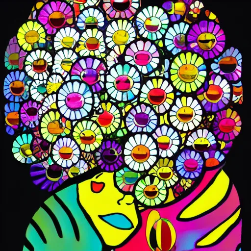 Prompt: silhouette of man's head exploding into flowers, bright colors, Takashi Murakami, Minimalist,