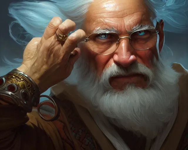 Image similar to old man with a ring on each finger, deep focus, d & d, fantasy, intricate, elegant, highly detailed, digital painting, artstation, concept art, matte, sharp focus, illustration, hearthstone, art by artgerm and greg rutkowski and alphonse mucha