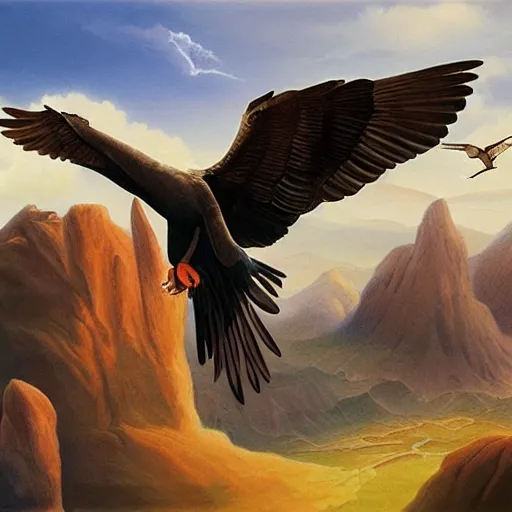 Image similar to a beautiful painting of a condor flying in the sky, matte painting, fantasy art