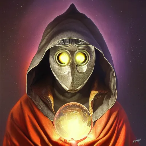 Image similar to masked nomad male wearing a cloak on and holding a holographic planet projection in his hand, detailed, sci - fi, digital painting, artstation, sharp focus, illustration, ominous, artgerm, tomasz alen kopera, peter mohrbacher, donato giancola, joseph christian leyendecker, wlop, frank frazetta