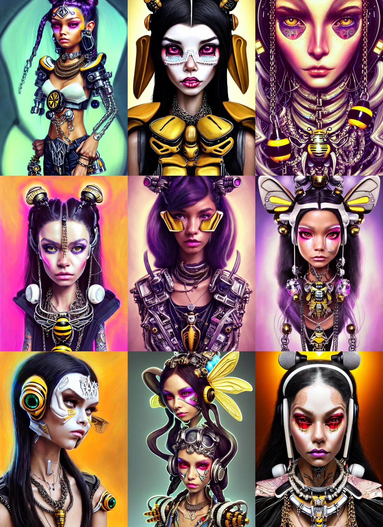 Prompt: lucasarts weta portrait, beautiful lustrous ivory white edm clowncore bumblebee madison beer aztec cyborg, earbuds, chains, bling, sci - fi, fantasy, cyberpunk, intricate, decadent, highly detailed, digital painting, ever after high, octane render, artstation, concept art, smooth, sharp focus, illustration, art by artgerm, loish, wlop