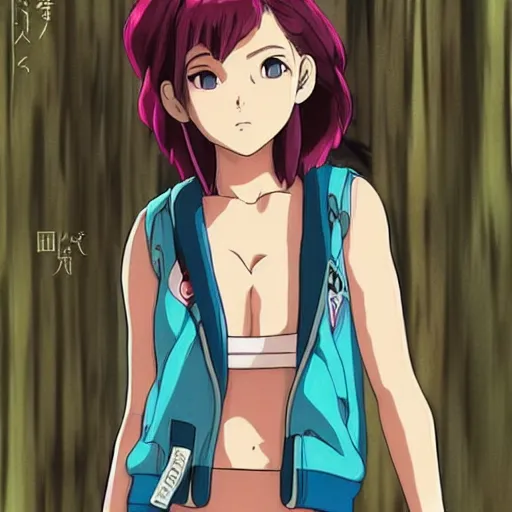 Image similar to a beautiful! boyish! natalie portman as bulma alluring gravure! model, wearing hip hop mayan bomber jacket and leotard with native style overalls, bulky poofy bomber jacket with mayan patterns, guilty gear art style, trending on pixiv, painted by makoto shinkai takashi takeuchi studio ghibli, akihiko yoshida