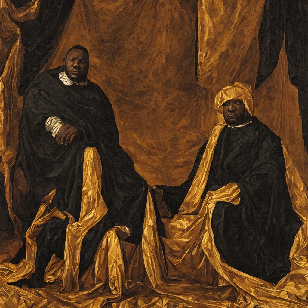 Image similar to Large black man sitting on throne wrapped in silk, background made of large folding curtains, dimly lit, dark, renaissance painting, style of carrivagio