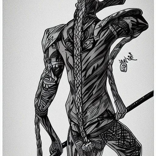 Image similar to A FULL BODY PORTRAIT FROM BEHIND OF A SANURAI FROM MANGA VAGABOND ,detailed, concept art, ink style , sketch