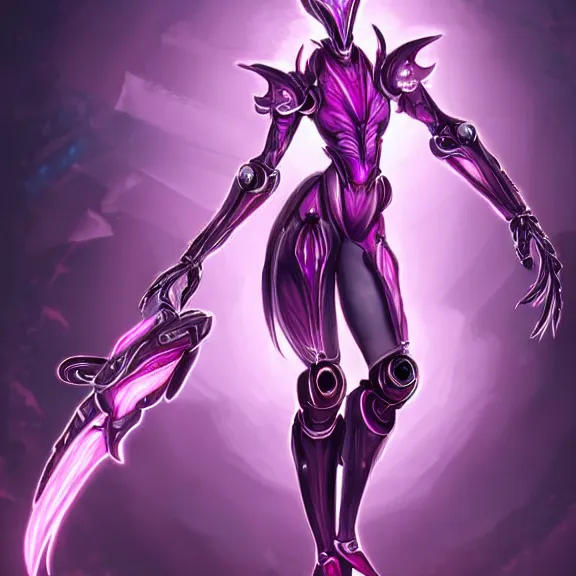 Image similar to highly detailed exquisite fanart, of a beautiful female warframe, but as an anthropomorphic elegant robot female dragoness, glowing eyes shiny, and smooth off-white plated armor, bright Fuchsia skin beneath the armor, sharp claws, robot dragon four fingered hands, and robot dragon feet, standing elegant pose, close-up shot, full body shot, epic cinematic shot, professional digital art, high end digital art, singular, realistic, DeviantArt, artstation, Furaffinity, 8k HD render, epic lighting, depth of field