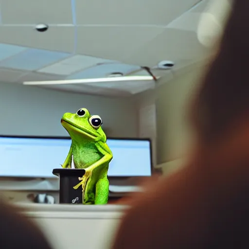 Image similar to a picture of a frog giving a presentation at the office, he is wearing a suit, 4K