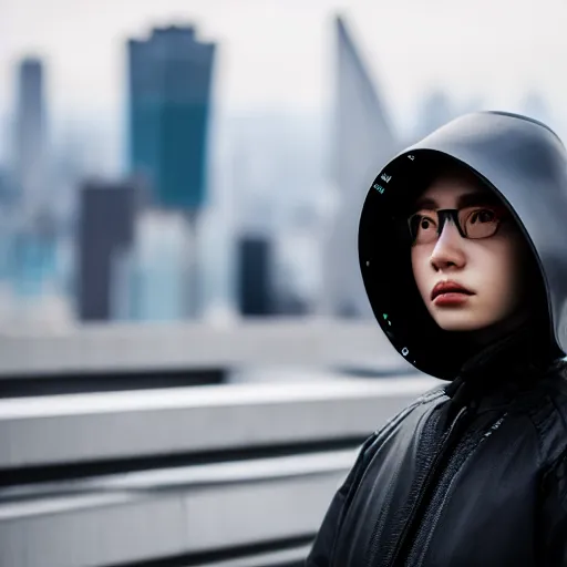 Prompt: photographic portrait of a techwear woman, closeup, on the rooftop of a futuristic city, sigma 85mm f/1.4, 4k, depth of field, high resolution, 4k, 8k, hd, full color