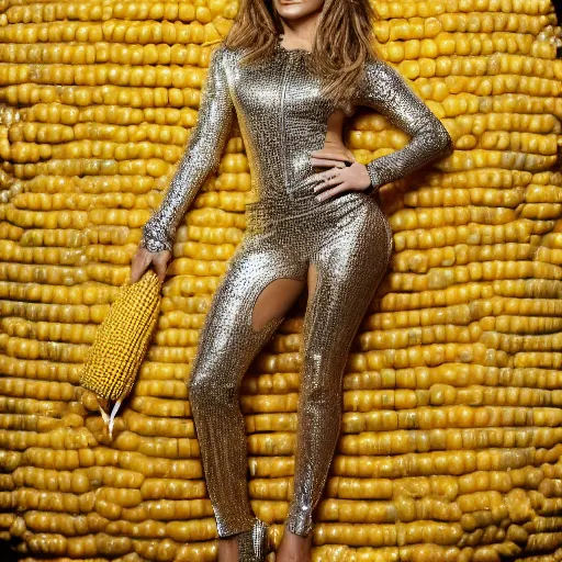 Image similar to full body photo of jennifer lopez, she is wearing the latest fashion cry costume of corn on a cob, studio lighting, corn on a cob everywhere