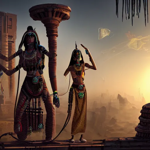 Prompt: ancient indian civilization with cyberpunk and high tech and cyborg people, photorealistic, 4 k