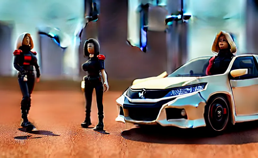 Image similar to photograph of a cell-shaded Honda EK9 Type-R with a techwear woman , on a desert road with a futuristic city in the horizon, one point perspective, 1-point perspective, tilt shift, sigma 85mm f/1.4, 4k, depth of field, high resolution, 4k, 8k, hd, full color