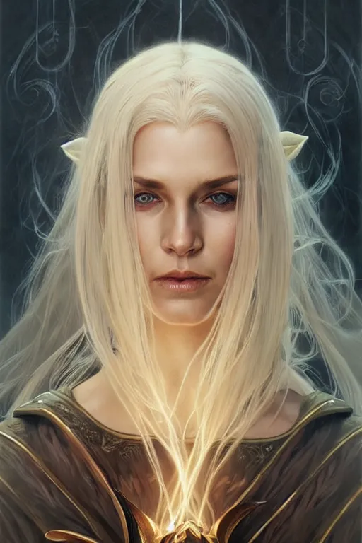 Image similar to portrait of an old blonde elven mage, dark, piercing eyes, gentle expression, elegant clothing, photorealistic, highly detailed, artstation, smooth, sharp focus, art by michael whelan, artgerm, greg rutkowski and alphonse mucha