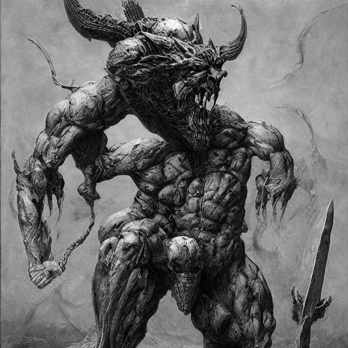 Image similar to demon berserker, symmetrical, muscular body, demon, balrog, beksinski