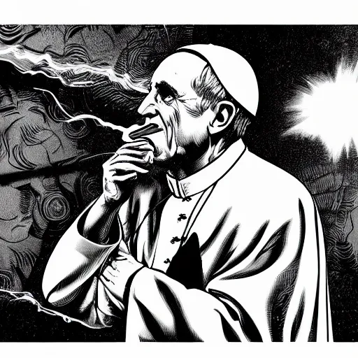 Prompt: The Pope Smoking a blunt ,dc comics, dark, intricate, highly detailed, smooth, artstation, digital illustration by Jim Lee and Brian Bolland-n 9