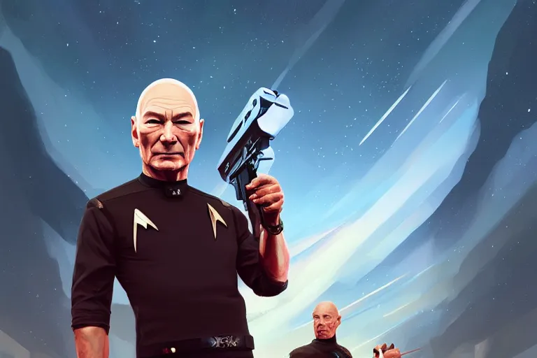 Prompt: portrait of patrick stewart holding an shotgun, star trek set in background, charlie bowater, artgerm, ilya kuvshinov, krenz cushart, ruan jia, realism, ultra detailed, 8 k resolution