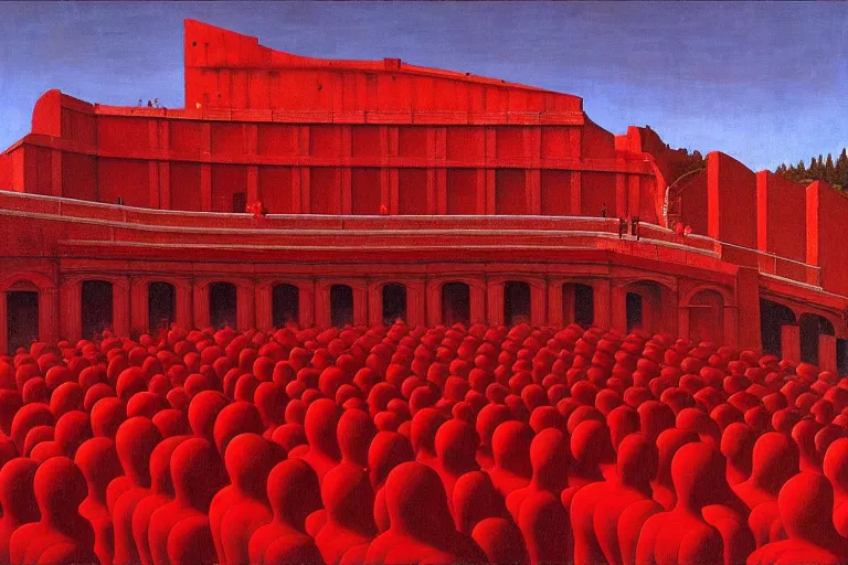 Image similar to only with red, a red great emperor, taormina amphitheatre, crowd with big smile, in the style of beksinski, parts by edward hopper, parts by rodcenko, parts by yue minjun, intricate and epic composition, red by caravaggio, insanely quality, highly detailed, masterpiece, red light, artstation, 4 k