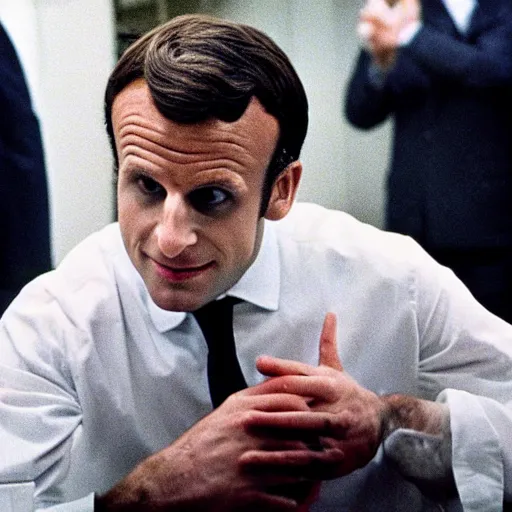 Image similar to Emmanuel Macron cooking fresh bloody meat in American Psycho (1999)