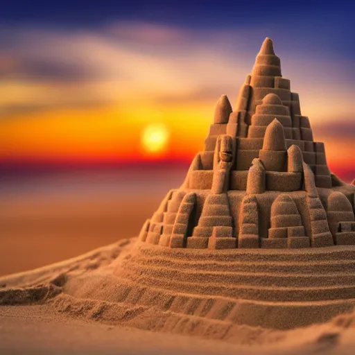 Prompt: gigantic sandcastle contains human crowd, tiltshift, coronation of the sand queen, sunset