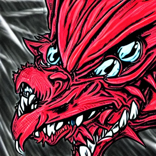 Prompt: closeup of angry red dragon face, manga style