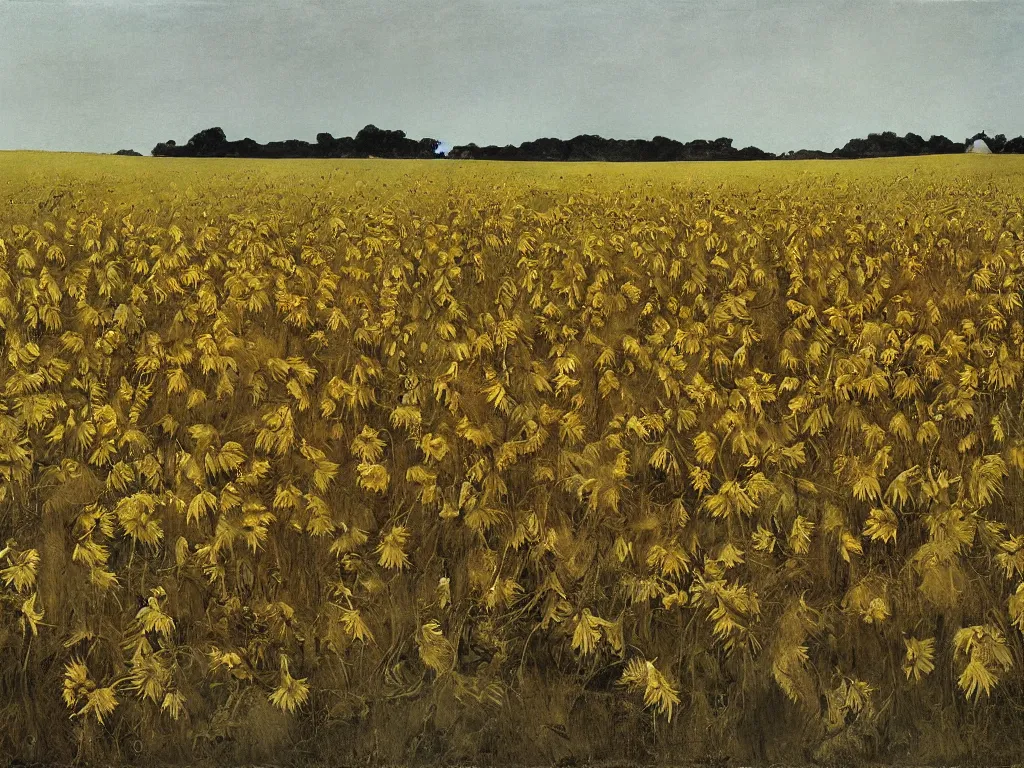 Image similar to Field of withered sunflowers and lotuses painted by Andrew Wyeth.