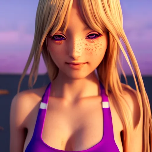 Prompt: Render of a very beautiful 3d anime girl, long hair, purple eyes, cute freckles, full round face, short smile, cute bikini, golden hour, serene beach setting, medium shot, mid-shot, highly detailed, trending on Artstation, Unreal Engine 4k