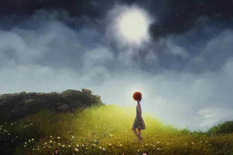 Image similar to giant white daisy flower head, girl walking on cliff, surreal photography, solar eclipse, milky way, dramatic light, impressionist painting, clouds, digital painting, artstation, simon stalenhag