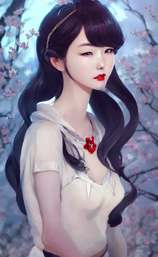 Image similar to a pin up and beautiful fashion charming dreamlke korea girl with lv jewelry, character art, art by artgerm lau and kyoung hwan kim and and ilya kuvshinov and john singer sargent, hyperdetailed, 8 k realistic, symmetrical, frostbite 3 engine, cryengine, dof, trending on artstation, digital art