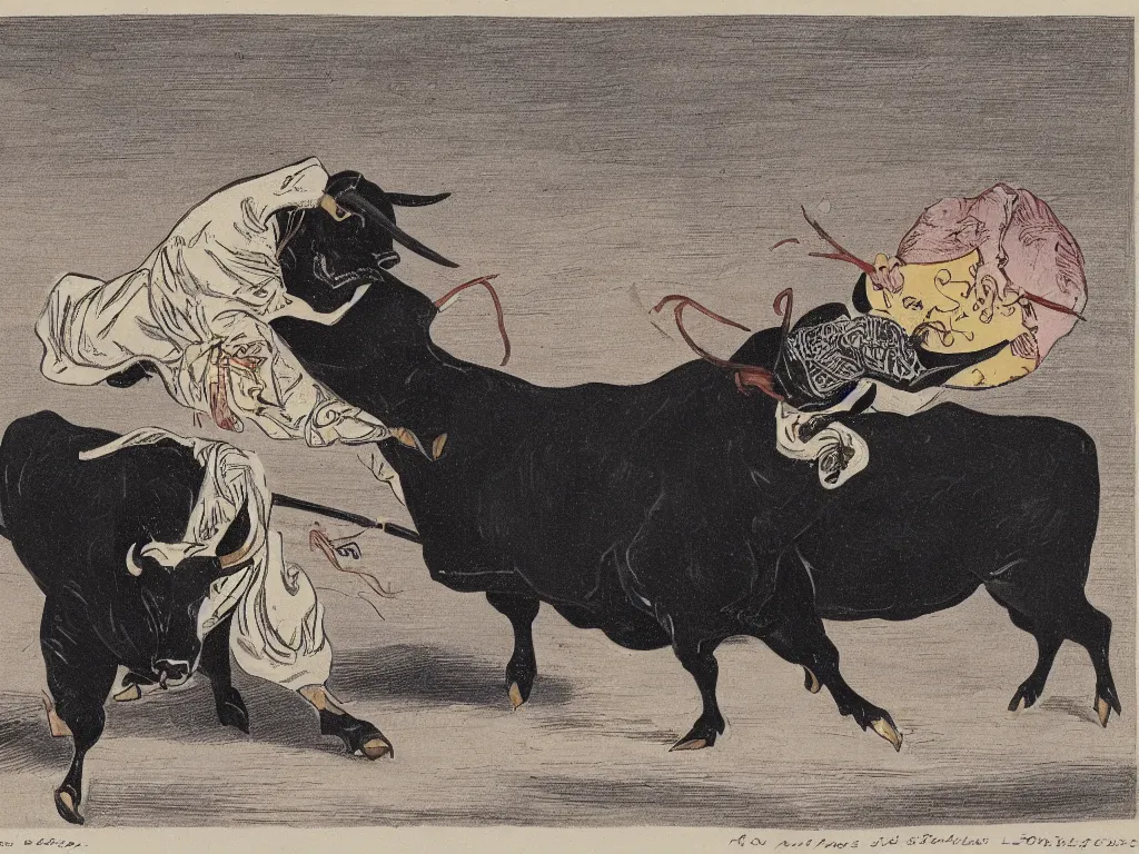 Prompt: matador challenging a bull in a ramen bowel filled with a desert, in style of Leonid Soifertis, soft stylised, monochromatic