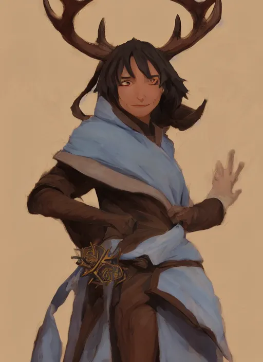 Prompt: concept art painting of a fully clothed person with brown skin and short white hair, demon horns, deer ears, blue tunic and robes, detailed, d & d style, cel shaded, in the style of ruan jia and artgerm and makoto shinkai and james gurney