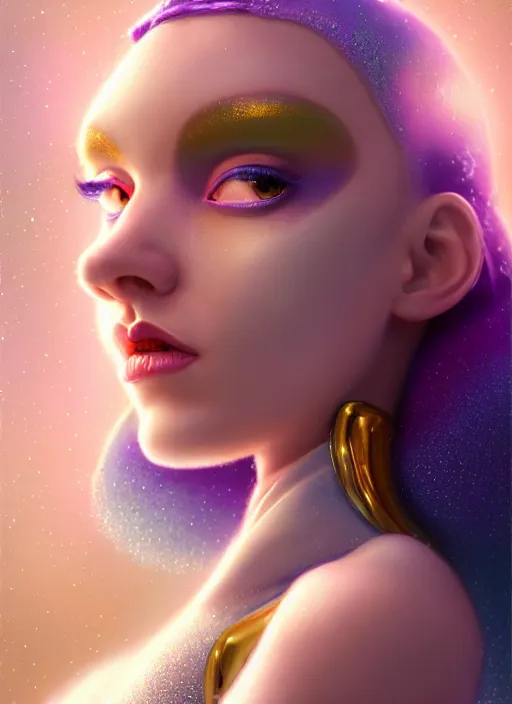 Image similar to pixar portrait 8 k photo, beautiful shiny white rich galactic prima ballerina clowncore russian cyborg college girl, golden ratio details, sci - fi, fantasy, cyberpunk, intricate, decadent, highly detailed, digital painting, ever after high, octane render, artstation, concept art, smooth, sharp focus, illustration, art by artgerm, loish, wlop