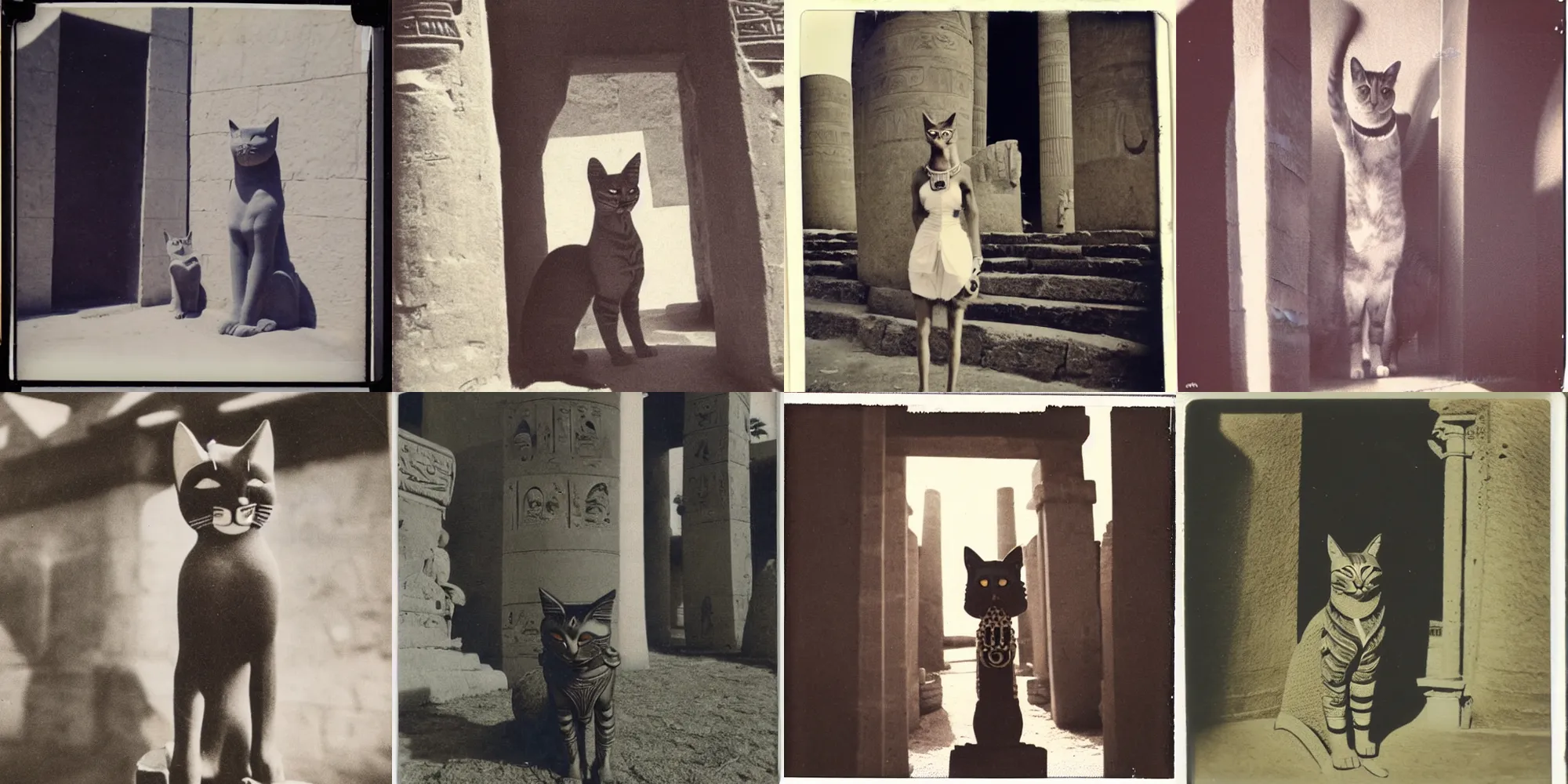 Prompt: old polaroid from 1 9 5 2 depicting anthropomorphic egyptian cat goddess bastet, standing in the entrance of an temple, sunny day