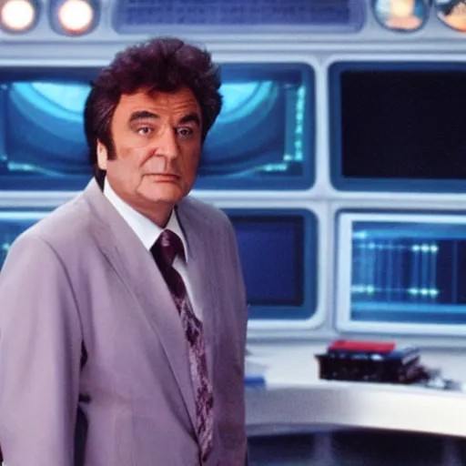 Prompt: Columbo investigating on the bridge of the star ship Enterprise, still from 90s tv-show, —width 720