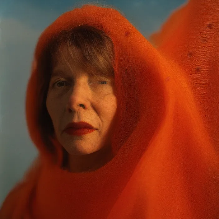 Image similar to closeup portrait of a woman wrapped in orange fiber, standing in alaska, aurora i in background, color photograph, by vincent desiderio, canon eos c 3 0 0, ƒ 1. 8, 3 5 mm, 8 k, medium - format print