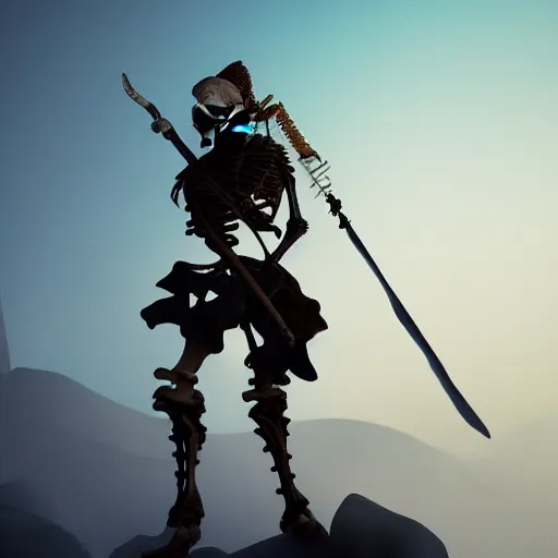 Image similar to a skeleton samurai, standing on the edge of a cliff holding a glowing sword of ice, at midnight, cinematic shot, cinematic lighting, volumetric lighting, 8k, digital art, trending on artstation, vray, ray tracing