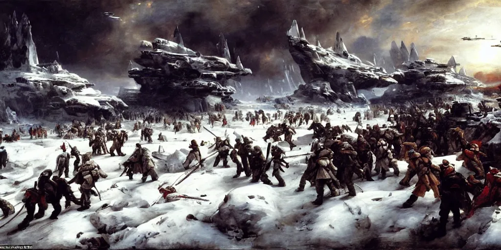 Prompt: the battle of hoth painted by jan matejko. oil on canvas, sharp focus, cinematic atmosphere, detailed and intricate, perfect anatomy, detailed and intricate environment and characters