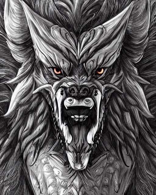 Image similar to A minotaur wolf, terrifying face, highly detailed face, close-up, fantasy art, monster art, in the style of masami kurumada, illustration, epic, fantasy, intricate, hyper detailed, artstation, concept art, smooth, sharp focus, ray tracing