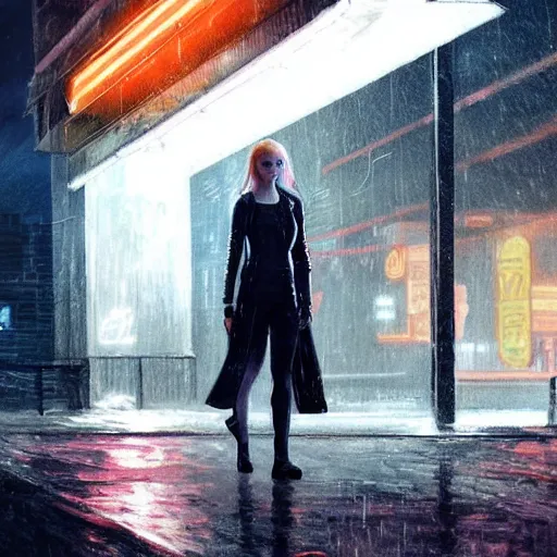 Prompt: Elle Fanning stalking her prey at night in Cyberpunk 2077 in the world of Edward Hopper, stormy snowy weather, streetlights, extremely detailed masterpiece, oil on canvas, low-key neon lighting, artstation, Blade Runner 2049, Roger Deakin’s cinematography, by J. C. Leyendecker and Peter Paul Rubens,