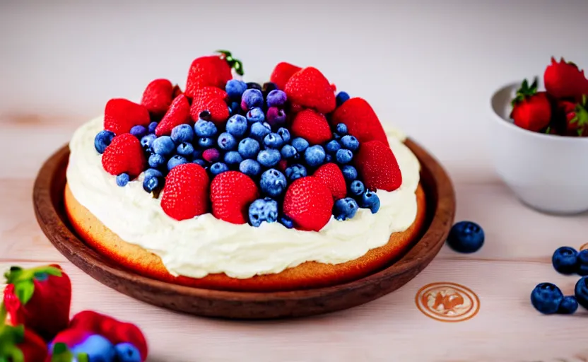 Image similar to A photo of a swedish cake from the side on a wooden table, with cream spread on the sides and strawberries, raspberries and blueberries placed in circles on top. Sunset. 4K. Cinematic lighting. High detail. Realistic. Delicious.