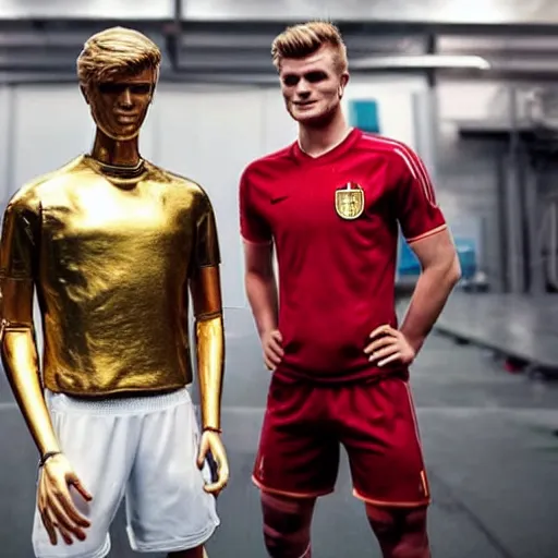 Image similar to a realistic detailed photo of a guy who is an attractive humanoid who is half robot and half humanoid, who is a male android, soccer players martin ødegaard & timo werner, shiny skin, posing like a statue, blank stare, in a factory, on display, showing off his muscles, gold soccer shorts, side view, looking at each other mindlessly