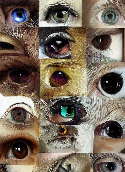 Image similar to diverse eyes!, dot pupils, round pupil, happy human eyes, round iris, advanced art, art styles mix, from wikipedia, grid of styles, various eye shapes