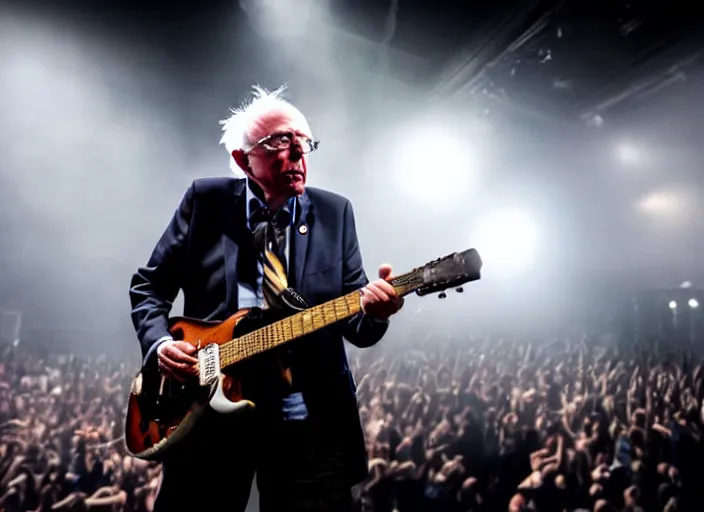 Image similar to publicity photo still of bernie sanders in a punk band playing live on stage, 8 k, live concert lighting, mid shot